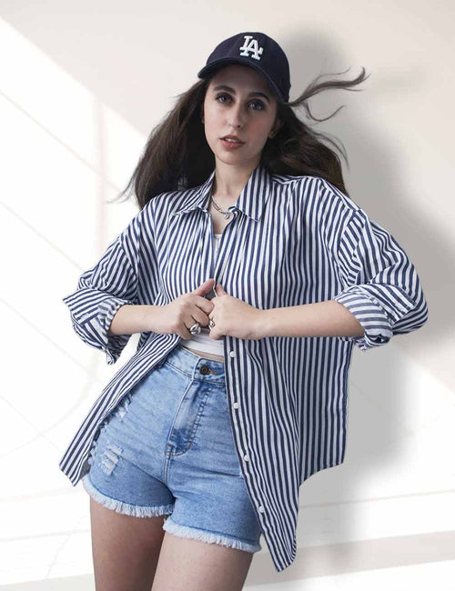 Hype Oversize Street Pulse Cotton Blue Long Sleeve Stripe Women Casual Shirt