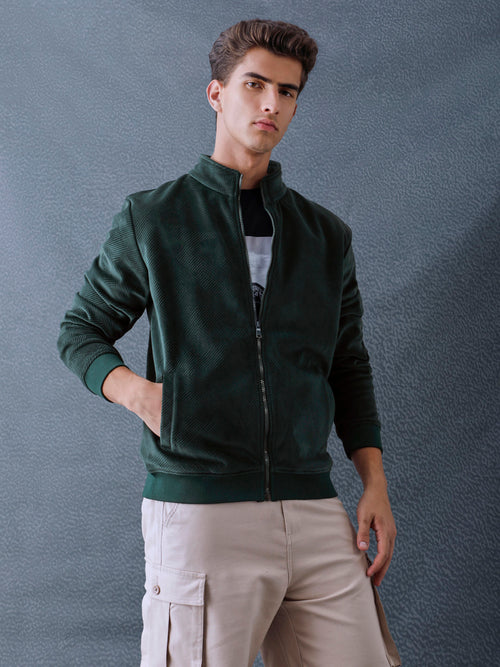 Men Regular Fit Green High Neck Full Zip Sweatshirt