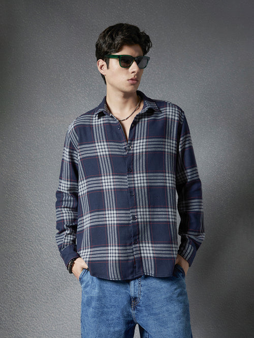 Men Premium Realxed Fit Cool Denim Look Cotton Grey Navy Plaid Casual Shirt