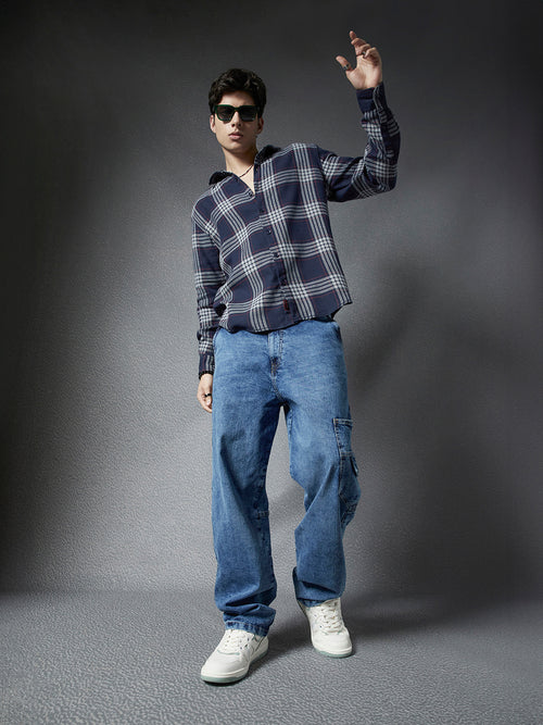 Men Premium Realxed Fit Cool Denim Look Cotton Grey Navy Plaid Casual Shirt