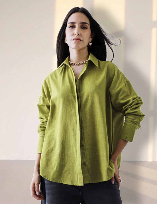 Women Oversize Pista Green Cotton Casual shirt