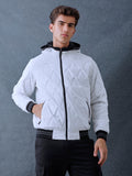 Men Regular Fit White V Structured Hooded Full Sleeve Jacket