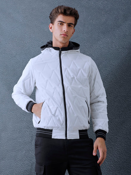 Men Regular Fit White V Structured Hooded Full Sleeve Jacket