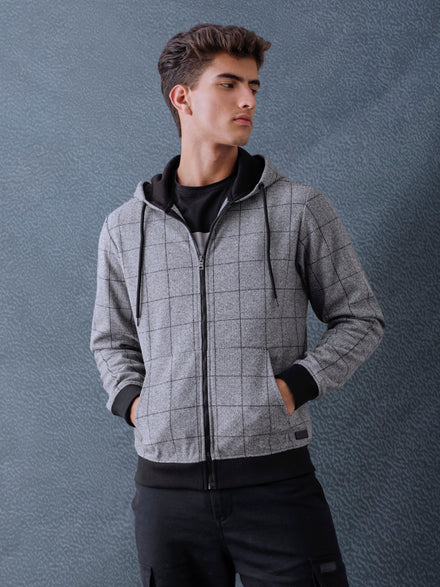 Men Regular Fit Charcoal Checked Zip Hooded Sweatshirt