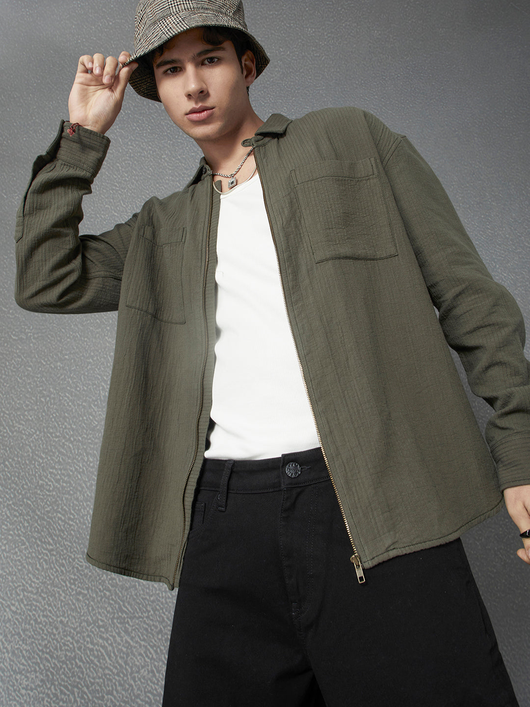 Men Relaxed Fit Full Zip Street Look Olive Textured Fabric Shacket