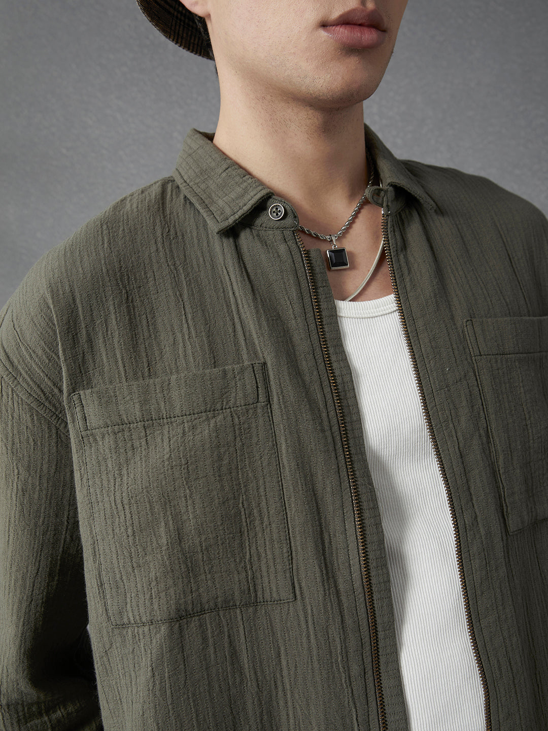 Men Relaxed Fit Full Zip Street Look Olive Textured Fabric Shacket