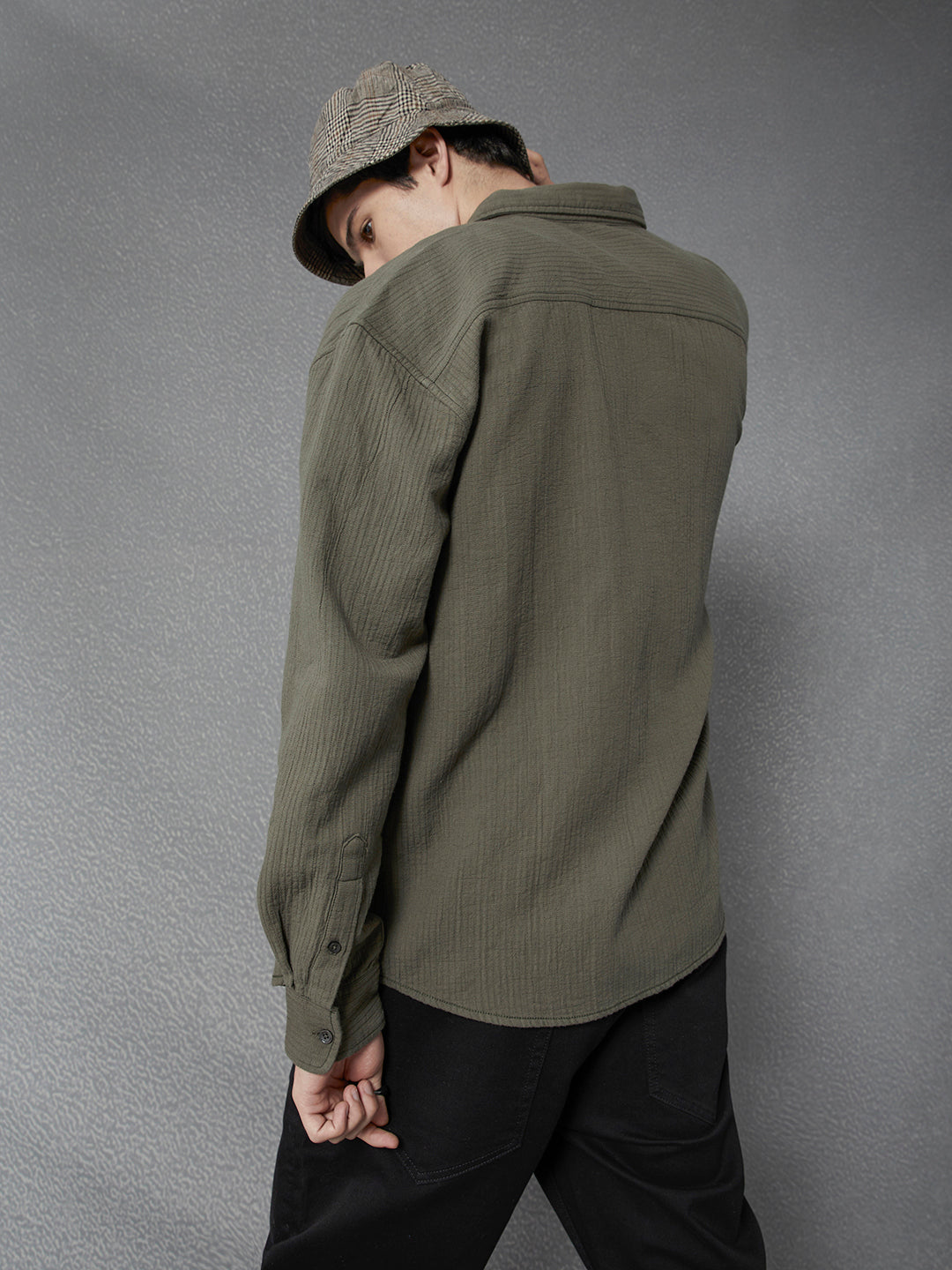 Men Relaxed Fit Full Zip Street Look Olive Textured Fabric Shacket
