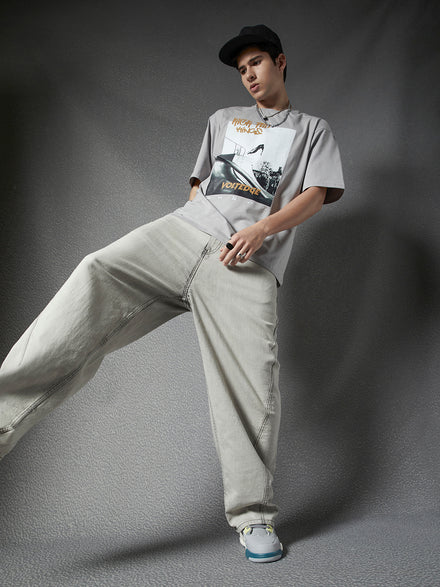 Voltedge Baggy Fit Cotton Solid  Grey Jeans For Men