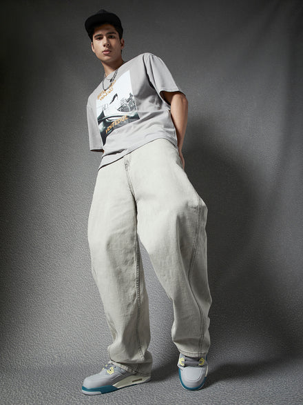 Voltedge Baggy Fit Cotton Solid  Grey Jeans For Men