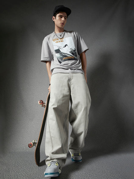 Voltedge Baggy Fit Cotton Solid  Grey Jeans For Men