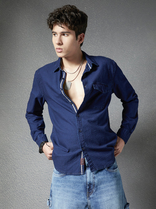 Men Premium Realxed Fit Indigo Textured Street Style Cotton Casual Shirt