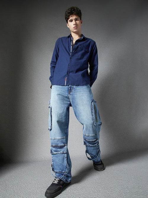 Men Premium Realxed Fit Indigo Textured Street Style Cotton Casual Shirt