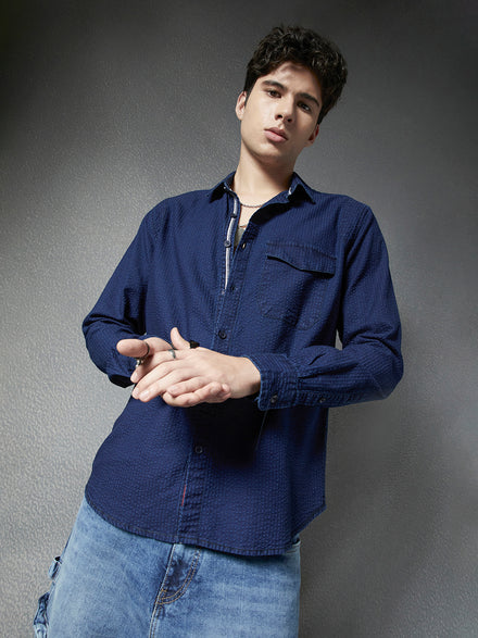 Men Premium Realxed Fit Indigo Textured Street Style Cotton Casual Shirt