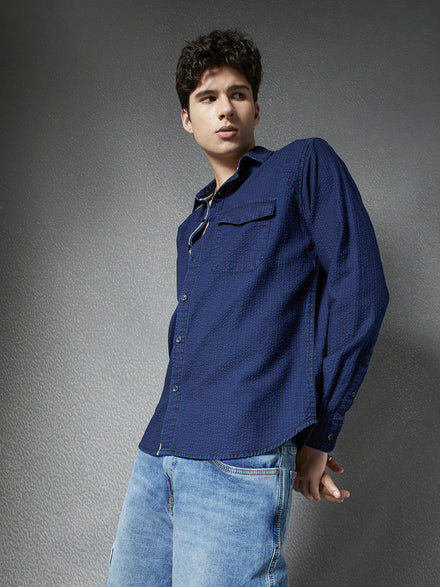 Men Premium Realxed Fit Indigo Textured Street Style Cotton Casual Shirt