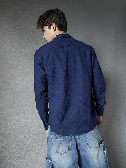 Men Premium Realxed Fit Indigo Textured Street Style Cotton Casual Shirt
