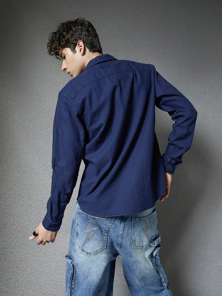Men Premium Realxed Fit Indigo Textured Street Style Cotton Casual Shirt