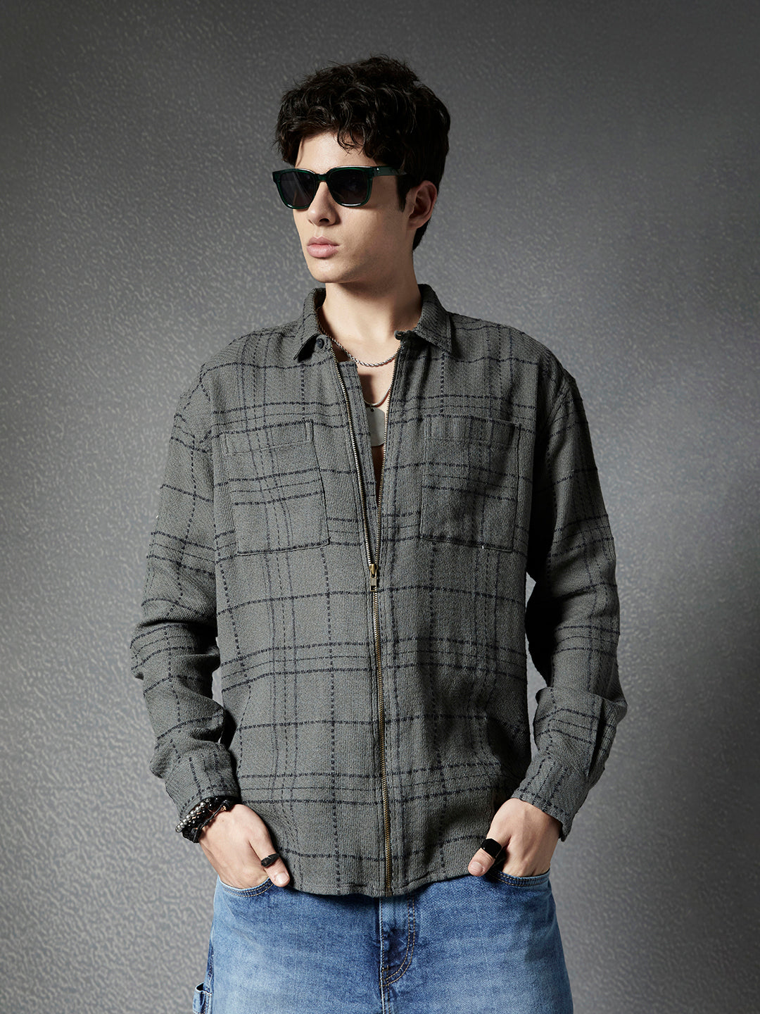 Men Relaxed Fit Full Zip Street Look Olive Off White Textured Checked Fabric Shacket