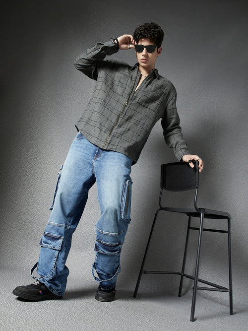 Men Relaxed Fit Full Zip Street Look Olive Off White Textured Checked Fabric Shacket