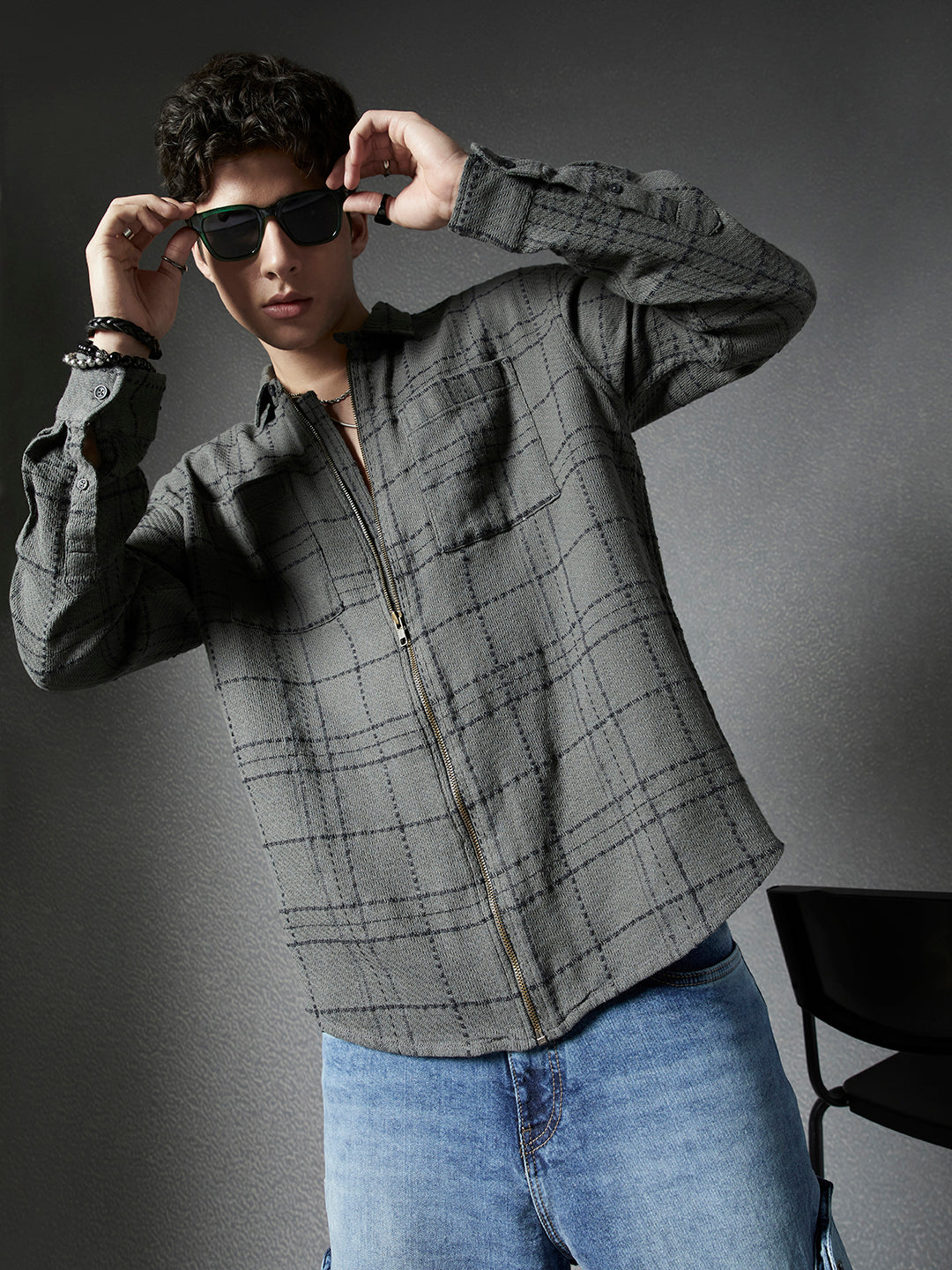 Men Relaxed Fit Full Zip Street Look Olive Off White Textured Checked Fabric Shacket