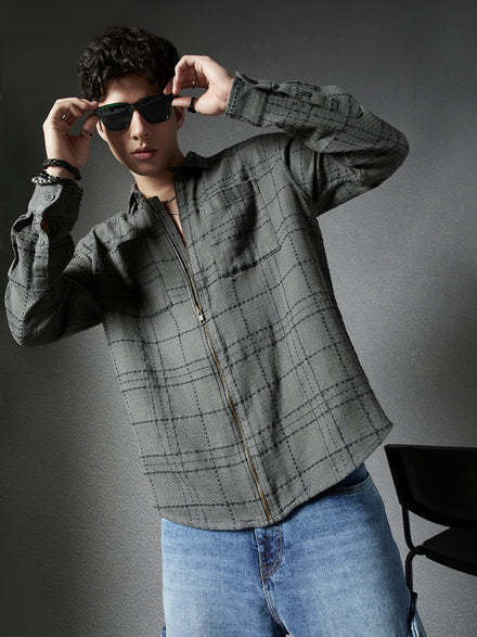 Men Relaxed Fit Full Zip Street Look Olive Off White Textured Checked Fabric Shacket