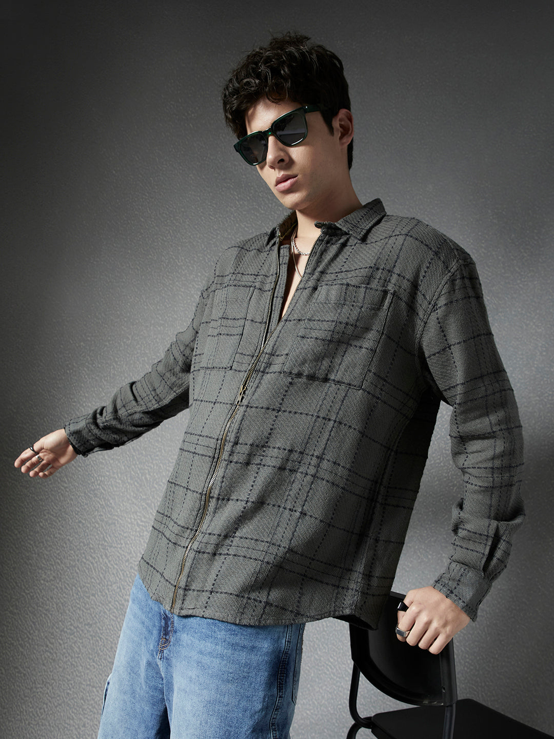 Men Relaxed Fit Full Zip Street Look Olive Off White Textured Checked Fabric Shacket