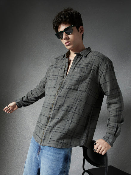 Men Relaxed Fit Full Zip Street Look Olive Off White Textured Checked Fabric Shacket