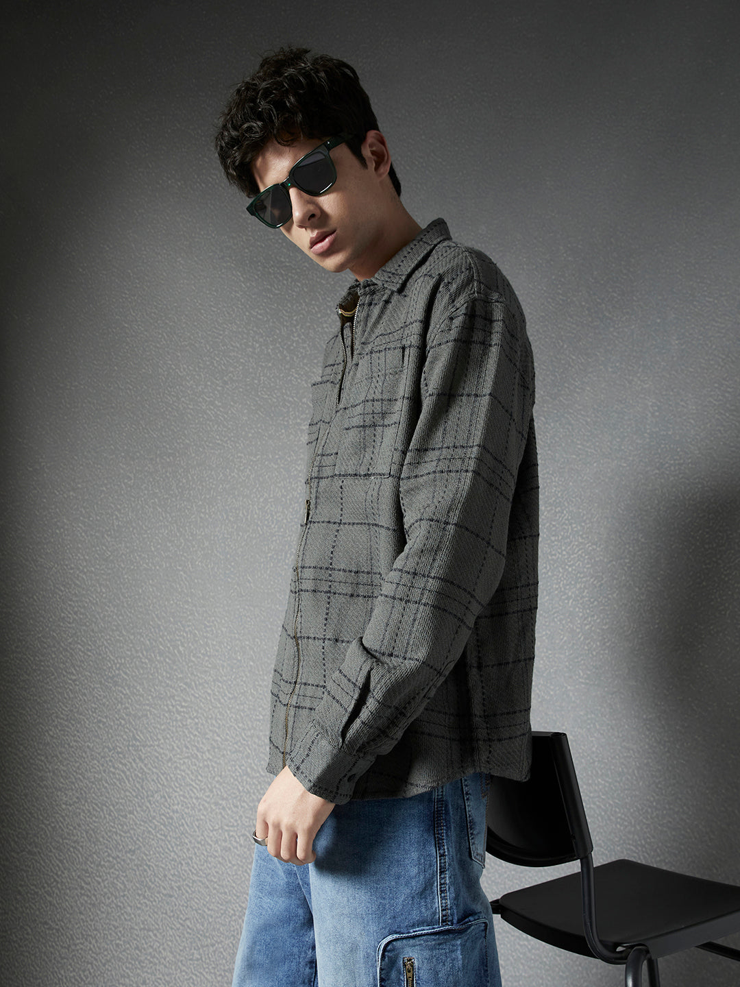 Men Relaxed Fit Full Zip Street Look Olive Off White Textured Checked Fabric Shacket