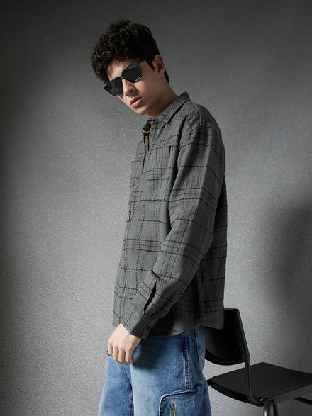 Men Relaxed Fit Full Zip Street Look Olive Off White Textured Checked Fabric Shacket