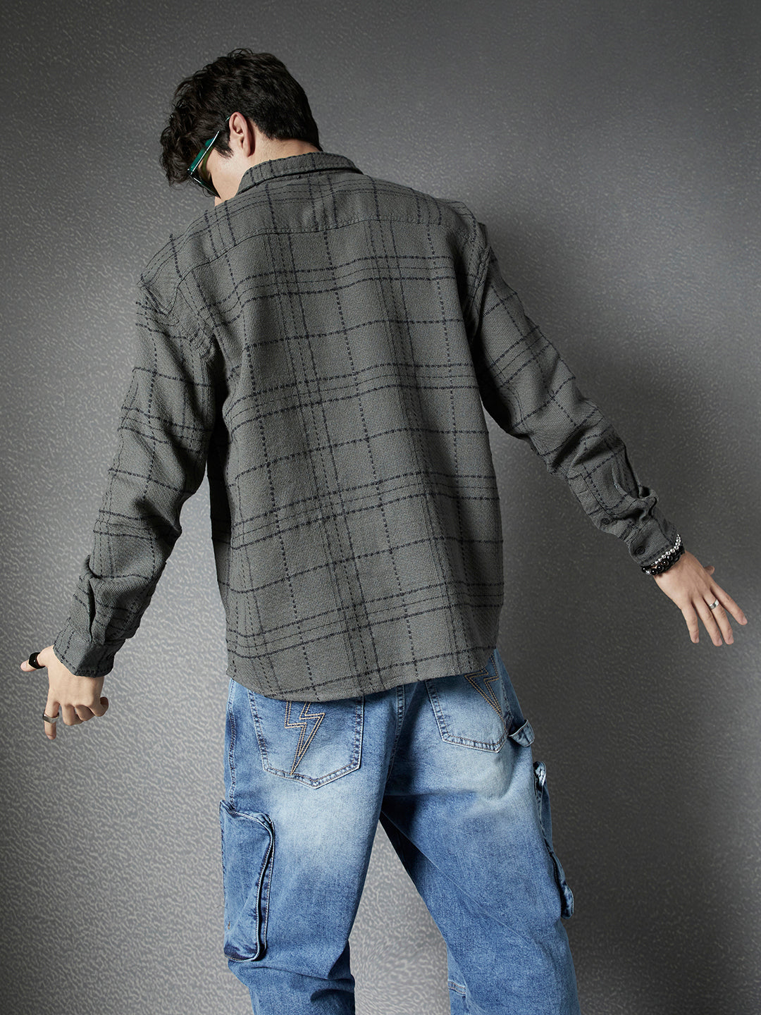 Men Relaxed Fit Full Zip Street Look Olive Off White Textured Checked Fabric Shacket
