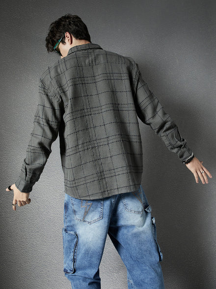 Men Relaxed Fit Full Zip Street Look Olive Off White Textured Checked Fabric Shacket