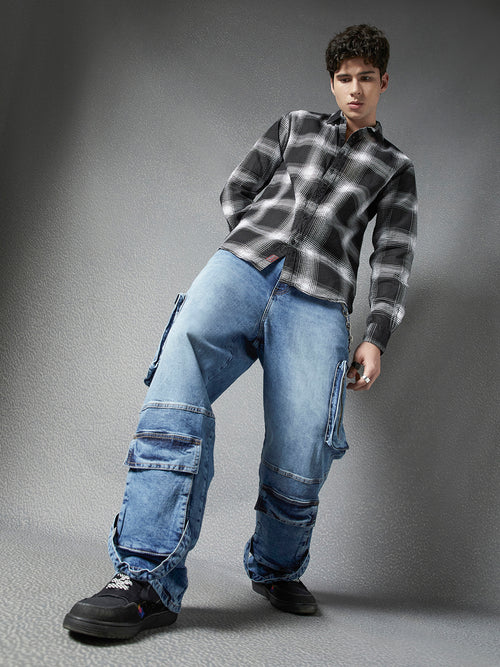 Men Premium Relaxed Fit Waffle Structured Cotton Black White Check Printed Casual Shirt