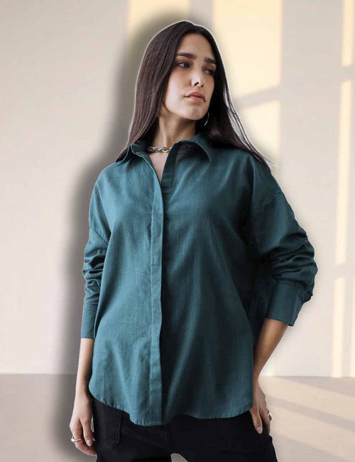 Women Oversize Teal Green Cotton Casual shirt