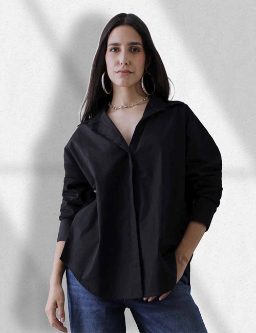 Women Oversize Solid Black Cotton Casual shirt