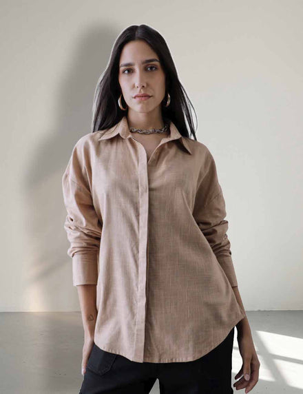 Women Oversize Beige Cotton Casual shirt