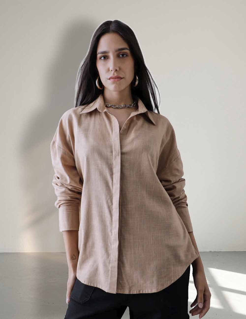 Women Oversize Beige Cotton Casual shirt