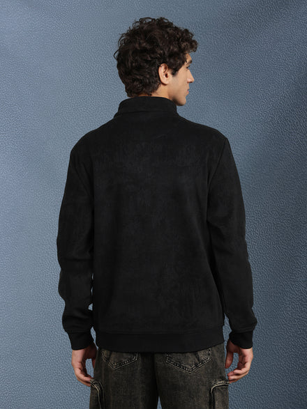 Men Regular Fit Black Half Zip High Neck Heavy Core Sweatshirt