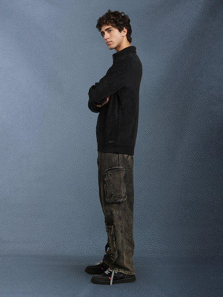 Men Regular Fit Black Half Zip High Neck Heavy Core Sweatshirt