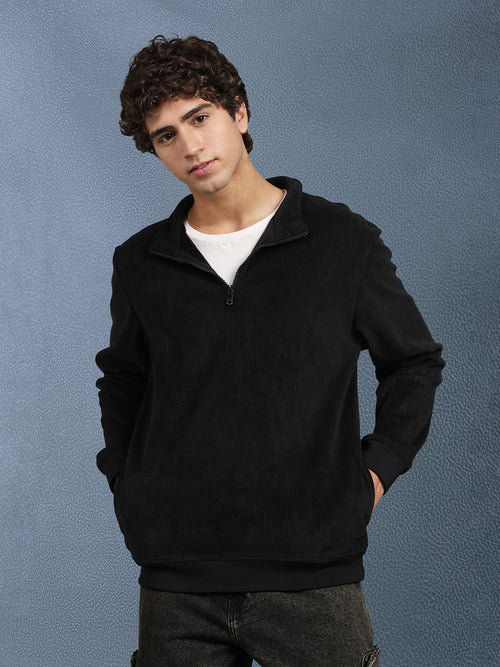 Men Regular Fit Black Half Zip High Neck Heavy Core Sweatshirt