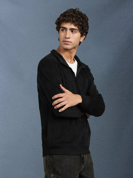 Men Regular Fit Black Half Zip High Neck Heavy Core Sweatshirt