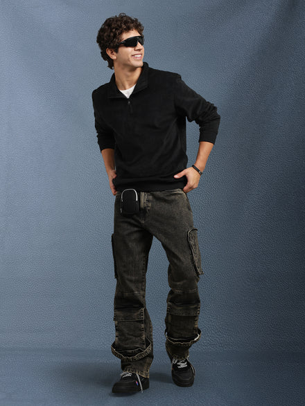 Men Regular Fit Black Half Zip High Neck Heavy Core Sweatshirt