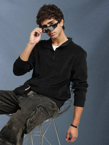 Men Regular Fit Black Half Zip High Neck Heavy Core Sweatshirt