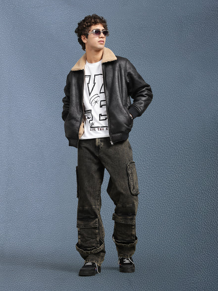 Men Regular Fit Black Crack Leather look Full Sleeve Jacket