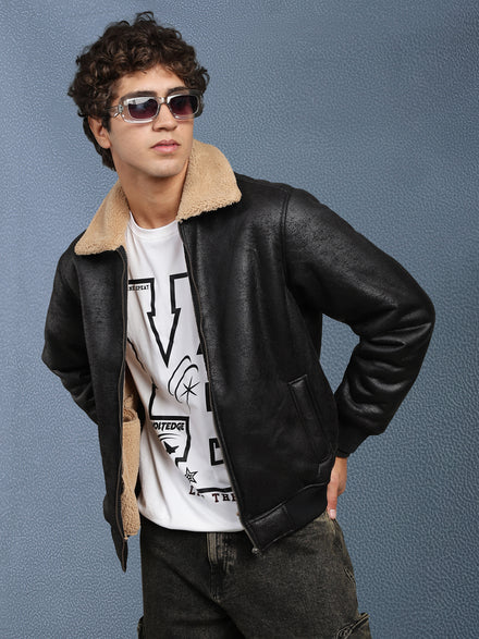 Men Regular Fit Black Crack Leather look Full Sleeve Jacket