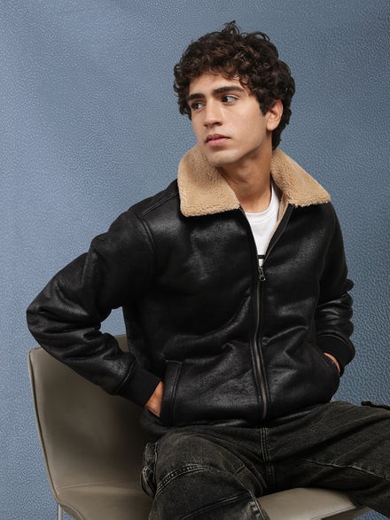 Men Regular Fit Black Crack Leather look Full Sleeve Jacket