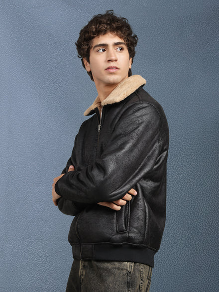 Men Regular Fit Black Crack Leather look Full Sleeve Jacket