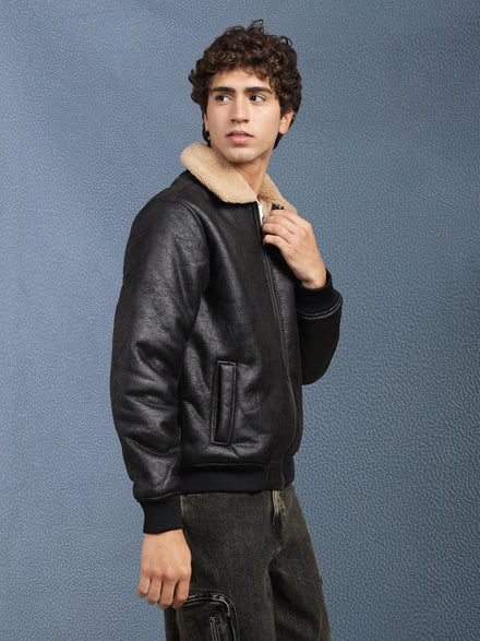 Men Regular Fit Black Crack Leather look Full Sleeve Jacket