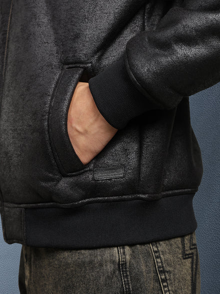 Men Regular Fit Black Crack Leather look Full Sleeve Jacket