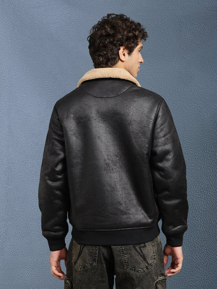 Men Regular Fit Black Crack Leather look Full Sleeve Jacket