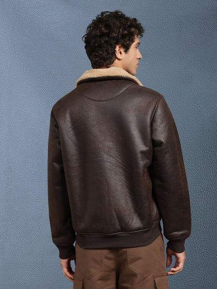 Men Regular Fit Brown Crack Leather look Full Sleeve Jacket