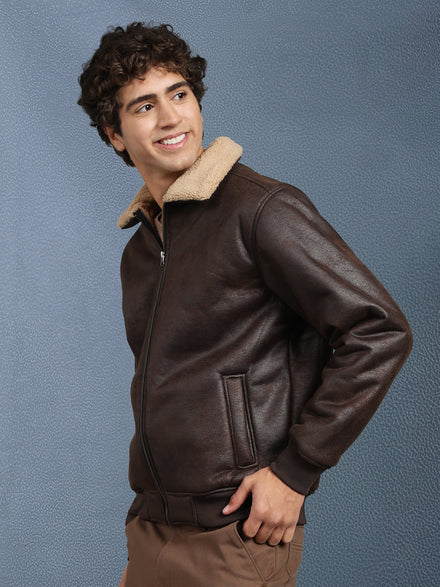 Men Regular Fit Brown Crack Leather look Full Sleeve Jacket